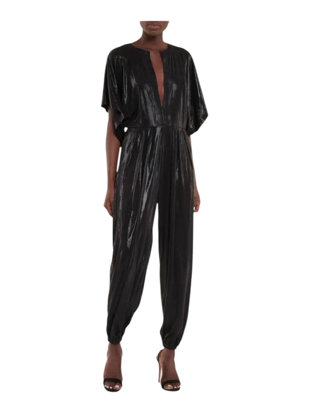 NORMA KAMALI Rectangle Jog Stretch-Lamé Jumpsuit‎ Black Plunge Neckline Size L